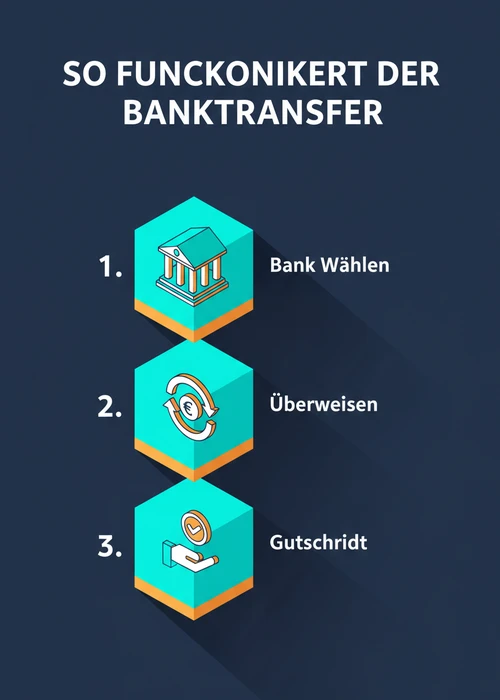 So funktioniert der Banktransfer im Casino: Bank wählen, überweisen und Gutschrift erhalten in drei Schritten.