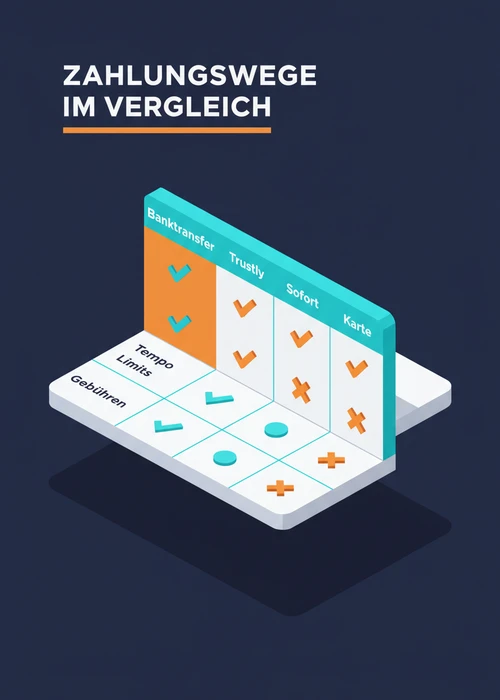 Zahlungswege im Vergleich für das beste Banktransfer-Casino: Banktransfer, Trustly, Sofort und Karte nach Tempo, Limits und Gebühren.