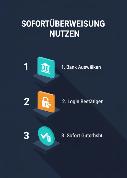 Sofortüberweisung als Banktransfer nutzen: Bank auswählen, Login bestätigen und sofortige Gutschrift erhalten.