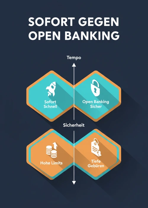 Sofort gegen Open Banking als Banktransfer nach Tempo und Sicherheit: Sofort schnell, Open Banking sicher, hohe Limits und tiefe Gebühren.