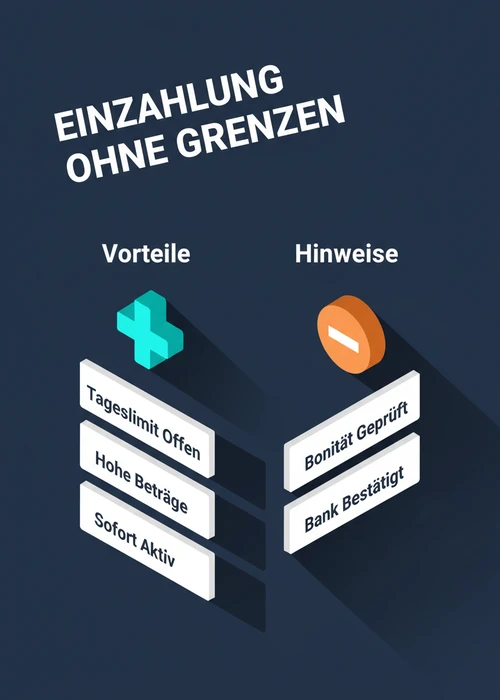 Banktransfer-Einzahlung ohne Grenzen: Vorteile wie offenes Tageslimit, hohe Beträge und sofort aktiv mit Bonität und Bank geprüft.