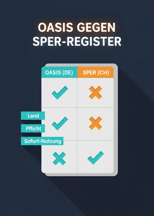 OASIS gegen SPER-Register beim Banktransfer: Land, Pflicht und Sofort-Nutzung für Deutschland und die Schweiz im Vergleich.
