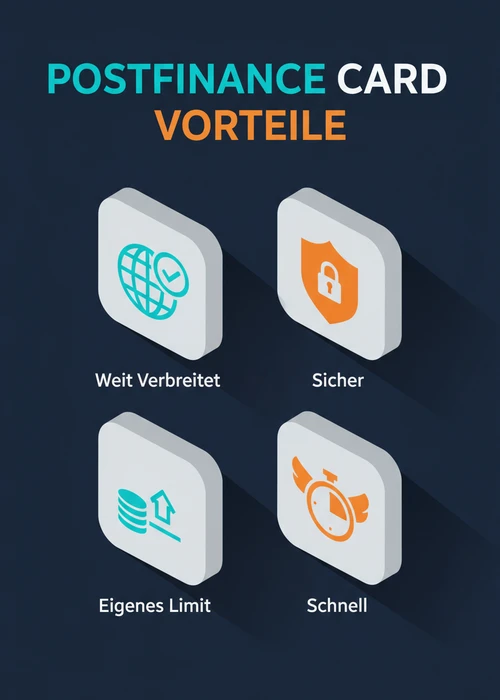 Vorteile der Postfinance Card beim Banktransfer: weit verbreitet, sicher, eigenes Limit und schnell für Schweizer Spieler.