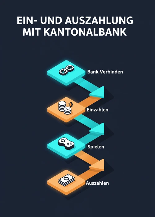 Ein- und Auszahlung per Kantonalbank-Banktransfer: Bank verbinden, einzahlen, spielen und auszahlen im Ablauf.